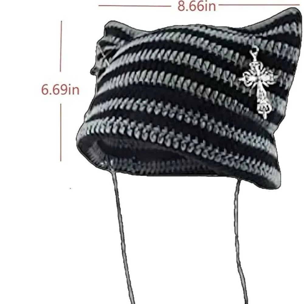 Crochet Cat‎ Ear Beanie Women Goth Y2K Slouchy Knit Hat with Fox Ears & Pom Pom
